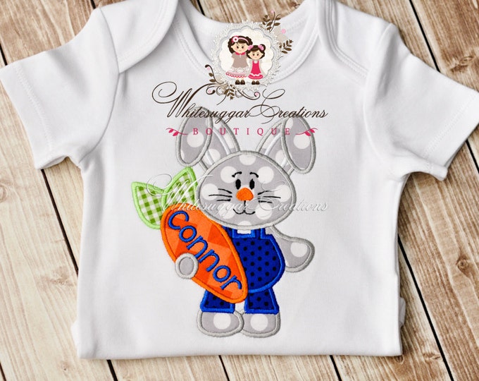 Boy Easter Bunny in Jumpsuit Shirt - Custom Bunny Personalized shirt - Bunny Carrying Carrot - Easter Boy Shirt