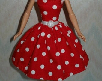 Handmade Barbie clothes - red and white polka dot dress