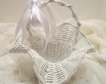 Flower Girl Basket - White Wicker Ruffled Rim Basket - Dressed Up and Wedding Ready
