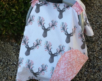 Baby Car Seat Canopy - Baby Car Seat Cover - Pink Car Canopy - Girls Car Seat Canopy - Deer Car Canopy - Antler Canopy - Baby Shower Gift
