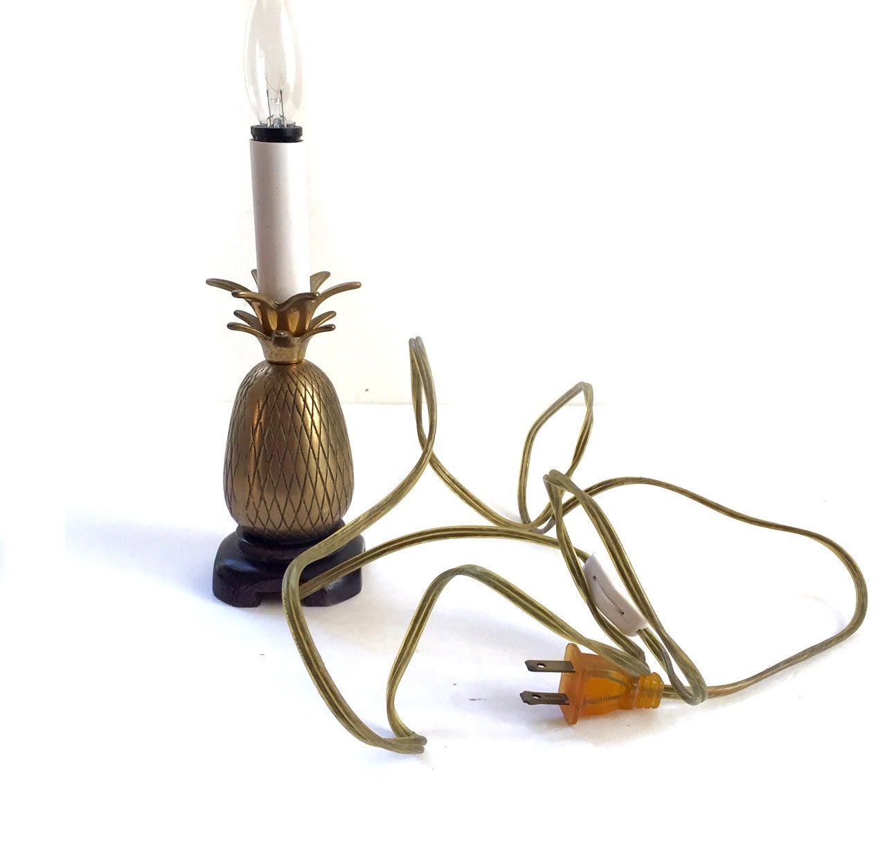 Small Brass Pineapple Lamp with Wooden Base Hollywood Regency