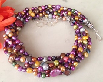 Stylish multi color pearl necklace, gift idea, natural pearls, freshwater pearls, chunky, gift idea for her, colorful, multi-strand, beaded