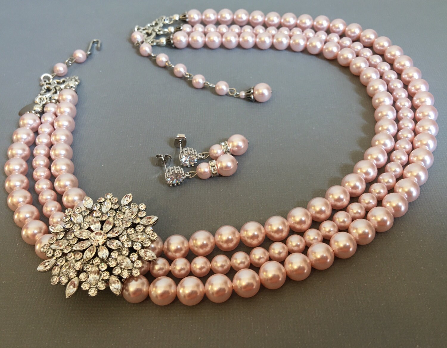 Blush Pearl Necklace Set with Brooch 3 multi strands Swarovski