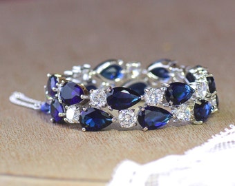 Blue Bracelet, Wide Cuff Bracelet, Sapphire Bracelet, Crystal Bridal Bracelet, Something Blue, Wedding Jewelry, TESSA S