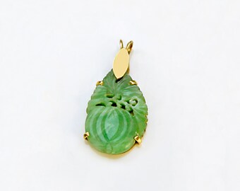 x Rare MING'S Honolulu Carved JADEITE PENDANT 14k Gold swivel bale