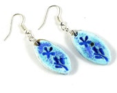 Ceramic Earrings Handmade Jewellery Matte Light Blue Purple Oval with Flower design Imprint Comes in Handmade Gift Pouch