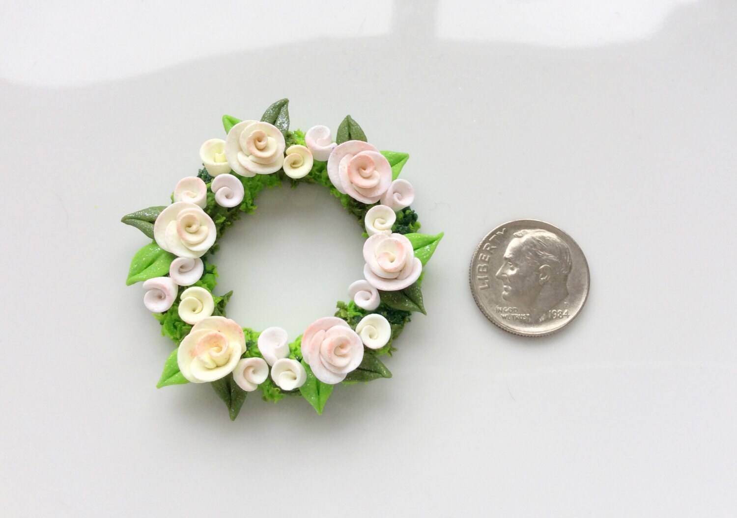 Miniature dollhouse pale peach rose wreath handmade from