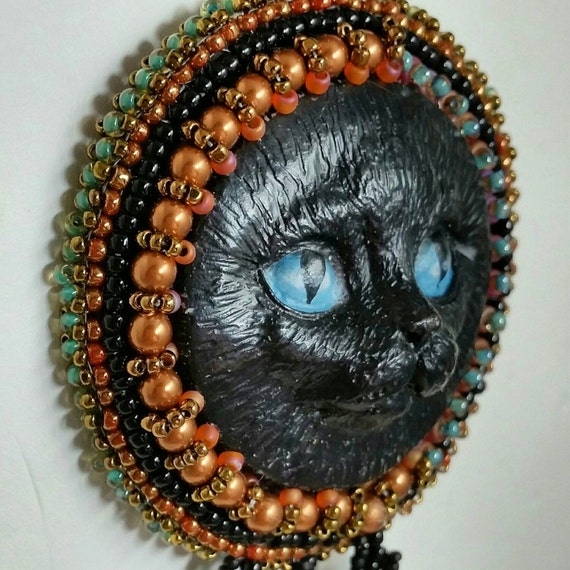BLACK CAT & Tails Bead Embroidered and Woven Necklace