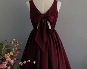 Maroon dress red dress backless dress red party dress red prom dress red cocktail dress bow back dress dark red bridesmaid dresses maroon