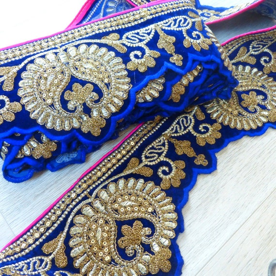 Navy Blue and gold Velvet Fabric Embroidered Gold work fabric