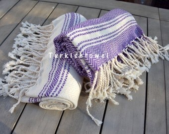 Turkishtowel-Soft-Set of 2-Hand woven,warp&weft cotton Hand,Tea,DishTowel-Herrigbone pattern,Purple and Natural Cream