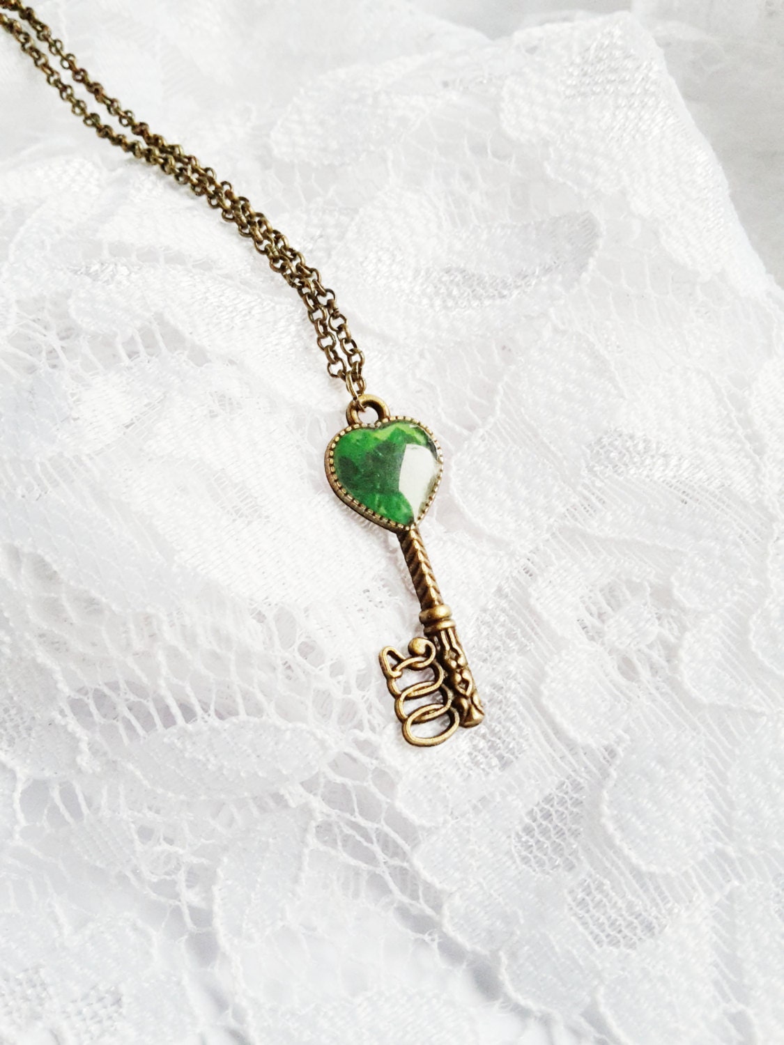 Emerald Green Key Necklace Antique Bronze Heart Key Necklace