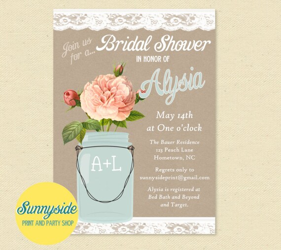 Rustic Bridal Shower Invitation, Peach Rose & Lace Country Shower Invite, Mason Jar Il_570xn