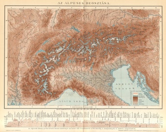 1893 Original Antique Relief Map of the Alps