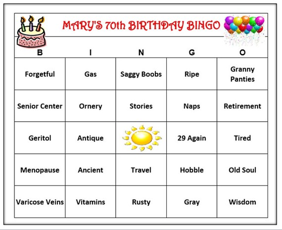 Personalized 70th Birthday Party Bingo Game Funny Age Themed