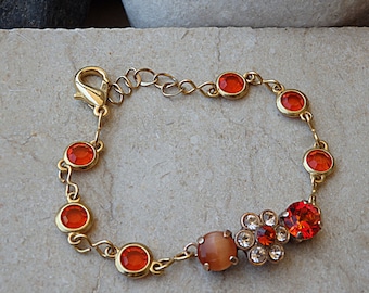 Orange bracelet. Chanel inspired jewelry. Swarovski bracelet. Flowers chanel bracelet. Gold Dainty jewelry. Bridesmaid sparkle bracelet gift