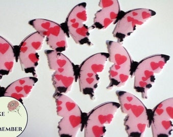 Edible butterflies, 24 pink hearts edible butterflies for cake decorating, cupcake toppers, cake pops. Anniversary cake toppers.