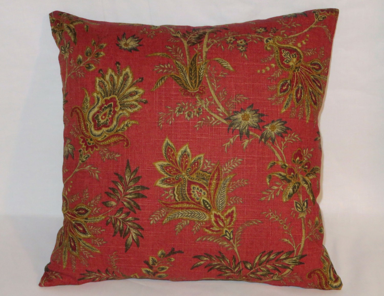 Rust Jacobean Floral Pillow 17 Square Linen with Gold