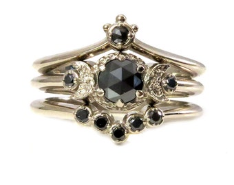 moon goddess engagement ring set black diamond and white gold stacking gothic wedding rings - Gothic Wedding Rings moon goddess engagement ring set black diamond and white gold stacking gothic wedding rings - Gothic Wedding Rings