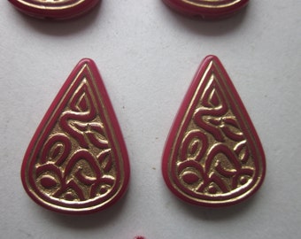 Burgundy and Gold Teardrop Acrylic Beads 28x19mm 8 Beads