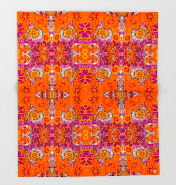 Throw Blanket Boho Hippie Garden Pattern Tangerine and