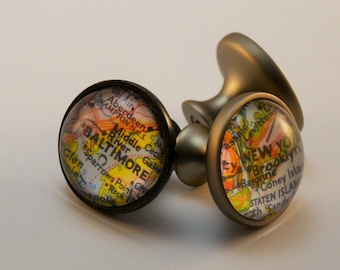 Custom MAP CABINET KNOB / Map Drawer Pull / Glass domed nickel or bronze finish map knob / any Location / personalized map / housewarming