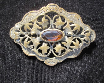 Victorian Brass Sash Pin with Amber Stone