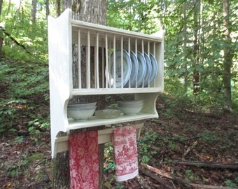 Farmhouse Plate Rack with Primitive Towel Rung, Hanging Plate Rack, Country Kitchen Wall Rack, Handmade