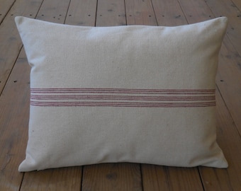 French Grain Sack Pillow, Red Stripe, French Farmhouse, Shabby Chic, INSERT INCLUDED