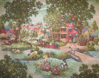 1979 Barkcloth Drapery // Bark Cloth " House and Home Fabric and Draperies" Curtains // 2 Panels, Farm/Village Design...each panel 39" X 38"