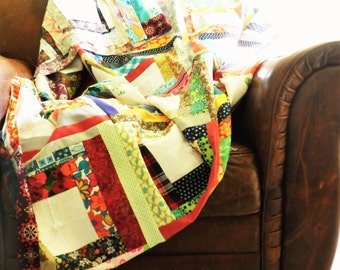 RESERVED for AALM art, Handmade Patchwork Quilt, Custom Full Double Bed Size Log Cabin Quilt by viAnneli, Repurposed Fabric Quilt