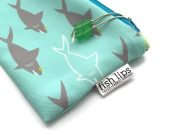 Sharks Recycled Zipper Pouch, Blue Boys Eco Pencil Bag + Glass Bead Tassel, Handmade Boys Bag, Sustainable Case, Turquoise Waves, Green