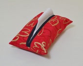 Fabric Tissue Holder - Pocket Tissue Pouch Cover - Purse Accessory - Valentines Day Love - Red Gold Hearts Black - Thank You Gift For Her