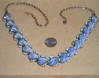 Vintage Fancy Blue Molded Iridescent Glass And Enamel Rhinestone Necklace 1950's Jewelry 3066