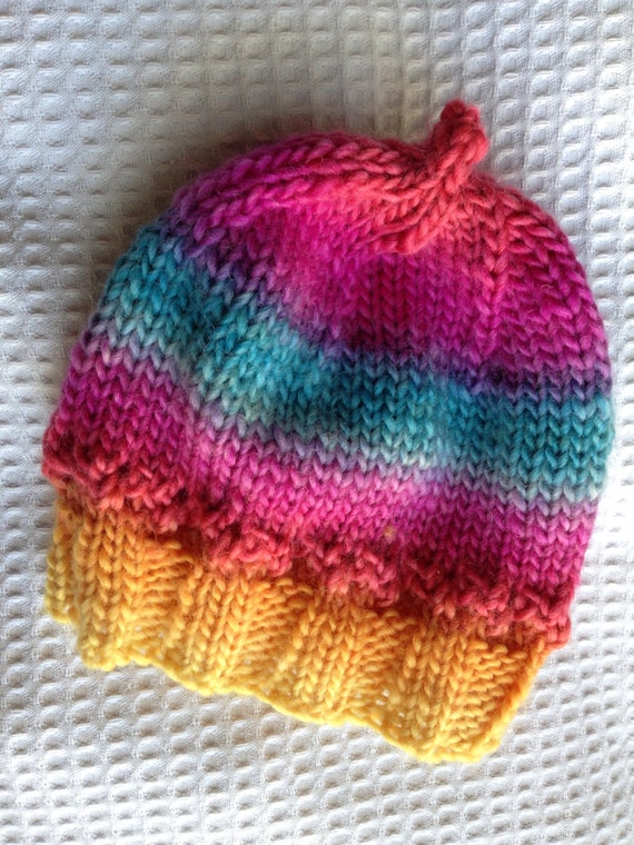 Rainbow Handknit Wool Hat For Newborn.