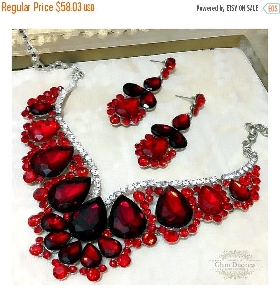 Wedding jewelry set Red crystal bib necklace by GlamDuchess