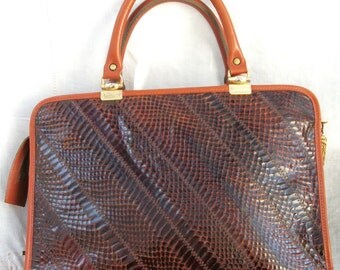Caprice Vintage Purse ~ Reptile ~ Brown tones ~ Leather trim ~ Double Swing Handles ~ Metal Zipper ~ Attache Style