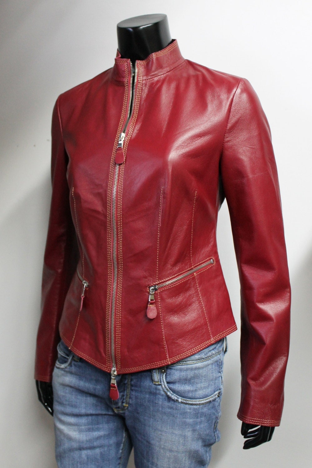Italian handmade Women soft genuine lambskin leather jacket color Red Wine