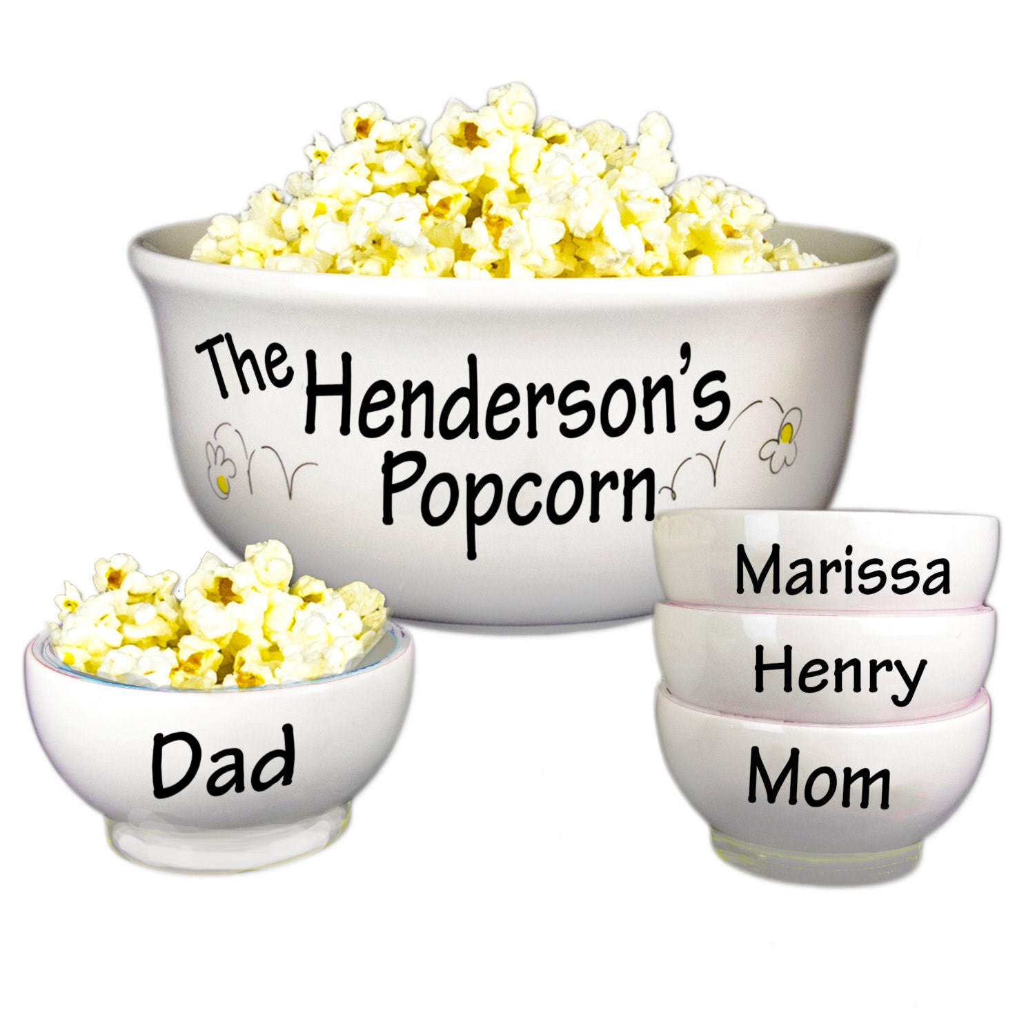 Personalized Family Popcorn Bowl Set Large Ceramic Pop Corn