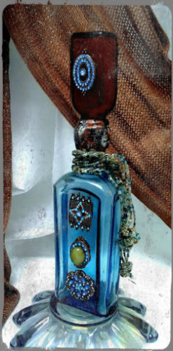 Soldered Blue Brown Old Bottles Repurposed Bottle Decor