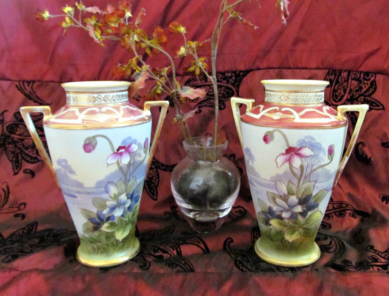 Antique Noritake Vase Pair Nippon Morimura Porcelain China Set