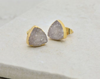 Natural Triangle Druzy Crystal Earring Posts with 24K Gold Dipped 10mm Triangle Earring Studs