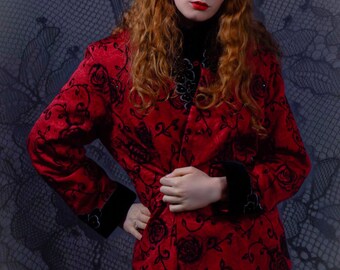 Vintage gothic jacket / glamour grunge lightly padded sequin velvet trim rose flocked black on shimmery dark claret wine red riding coat