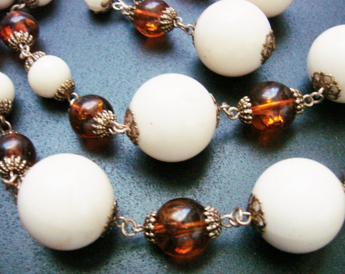 Faux Amber & Creamy Lucite Bead Necklace / Matching Chandelier Earrings / Demi Parure / Vintage / Jewelry / Jewellery