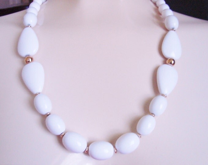 80s Vintage Napier White Lucite Bead Necklace / Designer Signed / Goldtone Beads / Vintage Jewelry / Jewellery