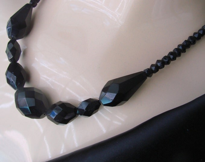 Antique Black Faceted Glass Bead Choker Necklace / Early 20th Century / Vintage Jewelry