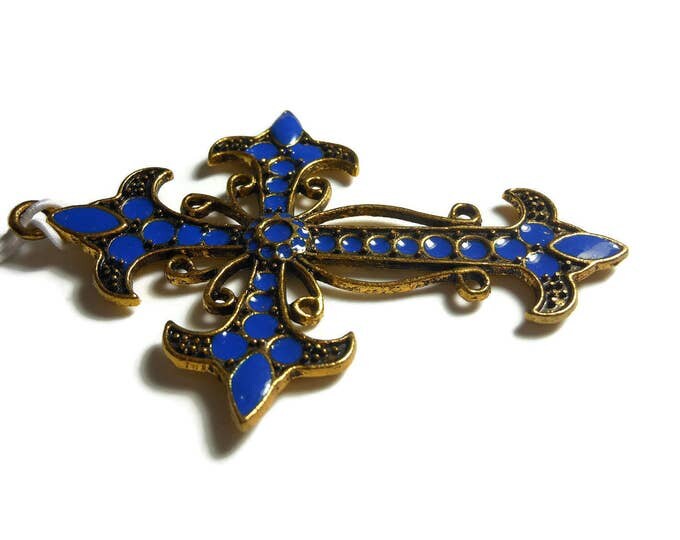 Large blue cross pendant, Blue Moon Beads®, gold finished pewter, 68x52mm cross, blue enamel, ornate fleury cross, heraldic Holy Trinity