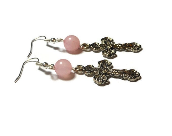 Orthodox Crucifix Earrings, handmade Russian Orthodox silver plated with rose quartz beads, cross pierced dangle earrings.