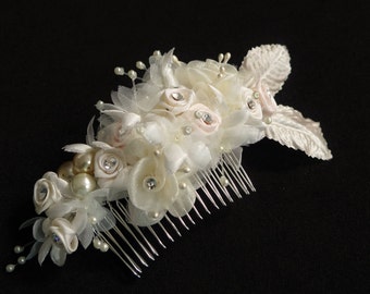 Ivory and blush fabric flower wedding hair comb