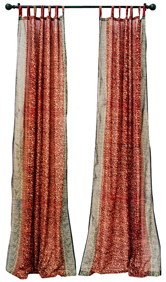 Window Curtain Indian Sari sheer panel Red&Blue by ColorsbyPadmini